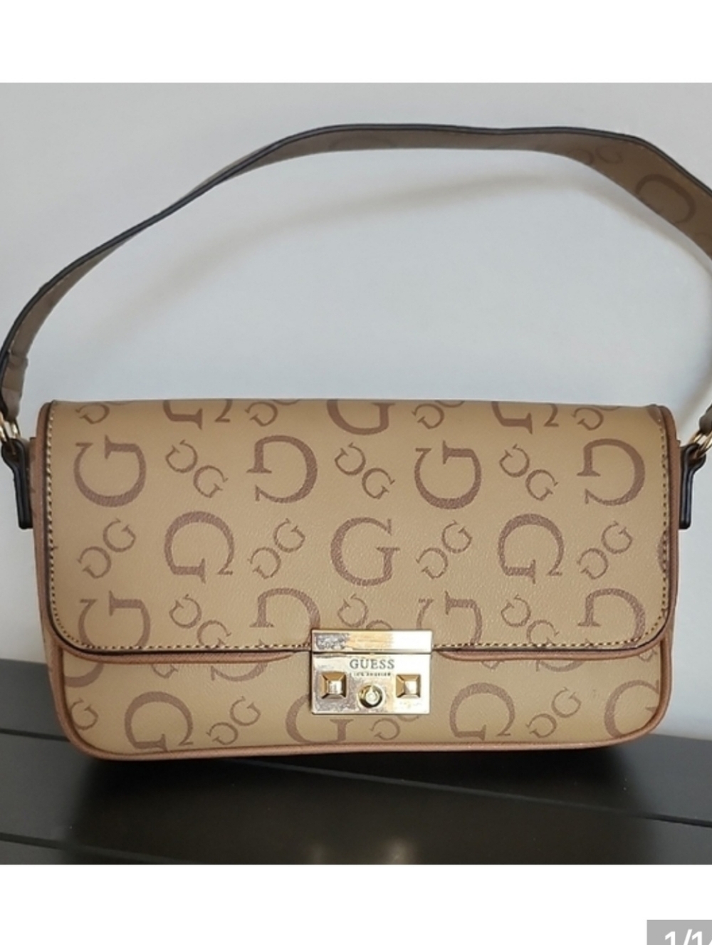 Vintage GUESS Y2K Monogram Baguette Shoulder Bag Brown Logo Purse Gold Hardware
